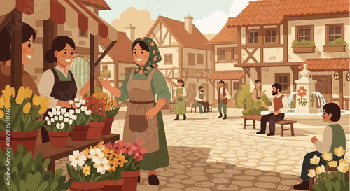 Charming Medieval Village Marketplace Scene with Flower Vendors and Townspeople Enjoying the Day