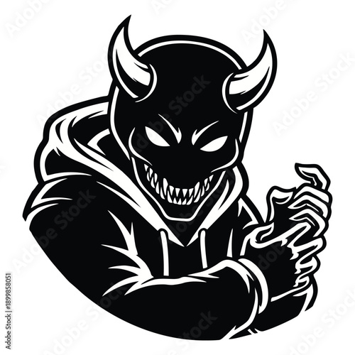 Fierce demon character with sharp teeth and horns in black hoodie