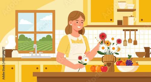 Cheerful Woman Arranging Flowers in a Vase on a Sunny Kitchen Counter, Creating a Warm and Inviting