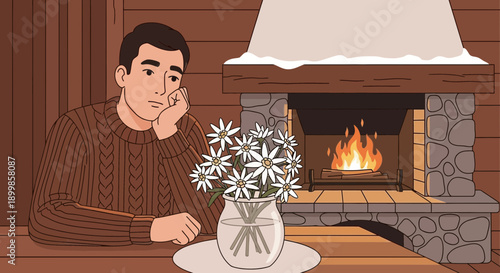 Contemplative Man by Fireplace with Edelweiss: Loneliness, Comfort, and Winter Solitude Scene