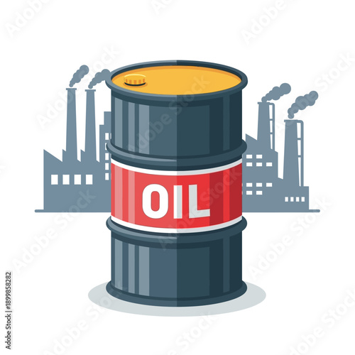 Oil barrel with factory in the background, representing energy industry and fossil fuels