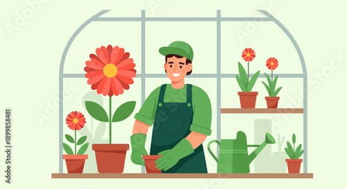 Enthusiastic Gardener Tending to Potted Flowers in Greenhouse, Embodying Green Living