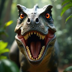 Close up head of ferocious dinosaur roaring with sharp teeth and orange eyes in jungle. Prehistoric predator shows power and danger. Realistic ancient reptile scales visible.