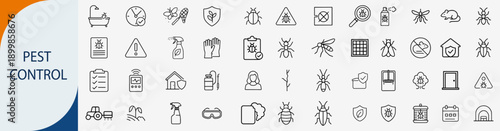 Vector icons depict various pest control elements and services, perfect for illustrating concepts related to pest management, extermination, and home protection.