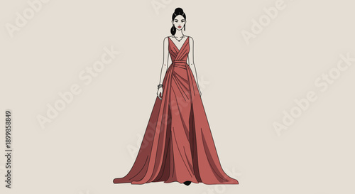 Elegant illustration of a woman in a flowing reddish-brown V-neck gown with a voluminous skirt, accessorized with jewelry, standing against a plain background.