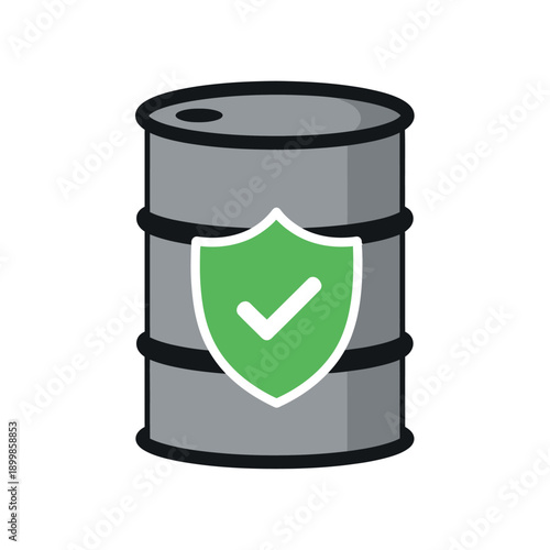 Secure industrial drum icon with a protective shield and checkmark, symbolizing safe storage, compliance, and guaranteed product integrity for hazardous materials or essential resources
