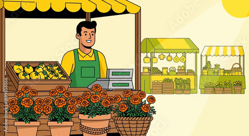 Farmer Selling Fresh Produce and Flowers at Outdoor Market, Supporting Local Economy and Healthy
