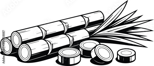 Black and White Sugarcane Illustration Stalks and Cut Pieces Vector