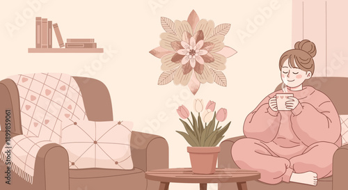 Girl Enjoying Cozy Moment at Home with Tea, Relaxing in Armchair with Tulips, and Warm Ambiance