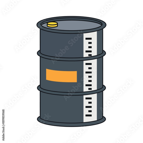 Stylized vector illustration of a dark gray industrial barrel with an orange label and measurement marks, symbolizing liquid storage, fuel, oil, chemicals, or waste containment solutions