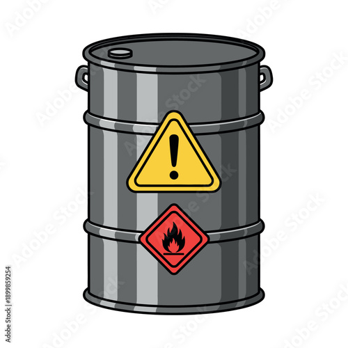 Hazardous waste barrel with warning symbols, industrial safety and environmental protection concept illustration