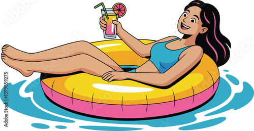 Cartoon Woman Relaxing on Inflatable Ring  Summer Poolside Vector Illustration