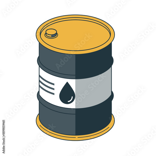 Industrial metal barrel with a droplet icon symbolizing liquid, perhaps oil or fuel, depicted in a flat isometric style