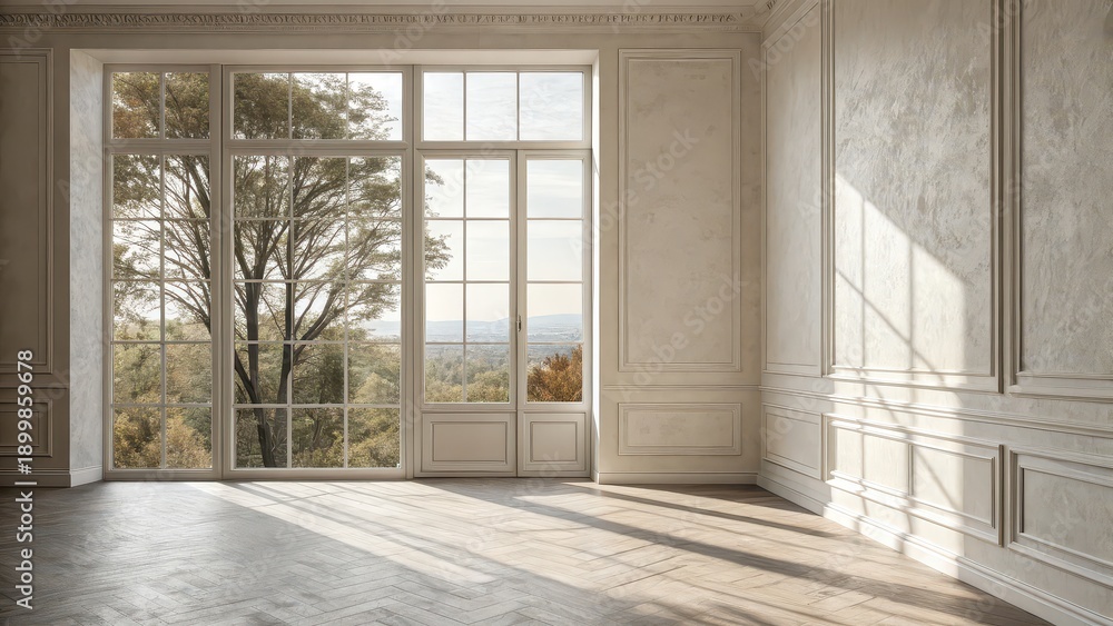 Obraz premium Elegant room with classic molding and panoramic view, perfect for real estate promotion, luxury lifestyle ads, architectural backgrounds, or editorial content