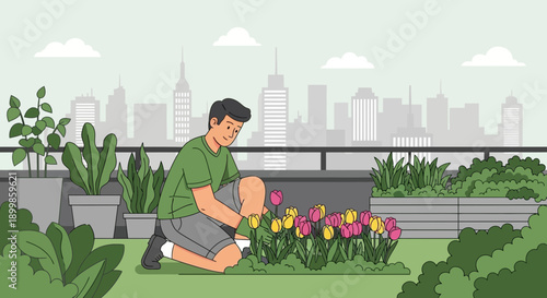 Man gardening on rooftop with urban garden with city view, cultivating colorful flowers in