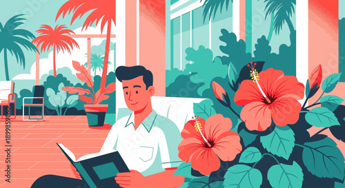 Man Relaxing at Home Reading a Book, Enjoying a Tropical View from the Window with Hibiscus Plants