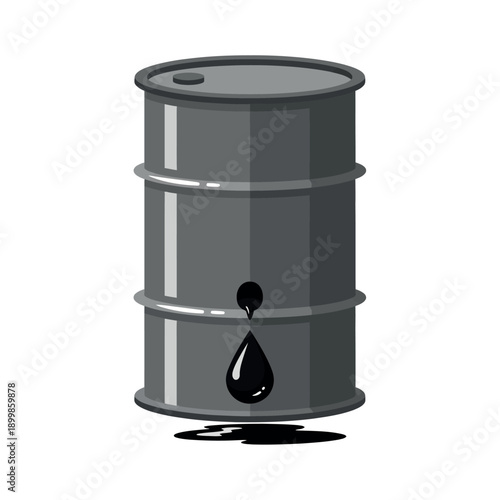 Illustration of a classic oil barrel with a drop of crude oil leaking from the top, representing energy and industry