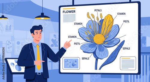 Presentation on Flower Anatomy: Man Explaining Plant Structure with Stamen, Pistil, Sepals,