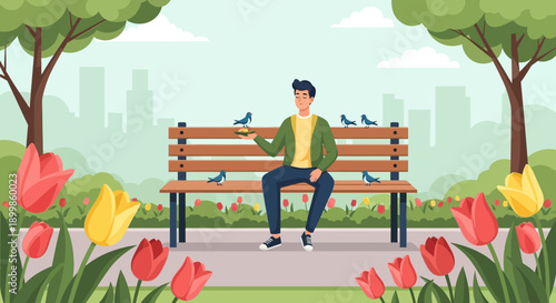 Relaxing Day: Man Sitting on Park Bench Feeding Birds Surrounded by Blooming Tulips in Serene City