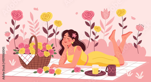 Relaxing picnic in garden with blooming roses: a serene escape into nature's embrace and tranquil
