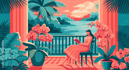 Serene Balcony Scene: Woman Reading Amidst Lush Tropical Plants and a Tranquil Ocean View at Sunset