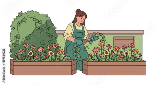 Woman Pruning Garden Flowers in Raised Bed with Pruning Shears for Horticulture and Relaxation