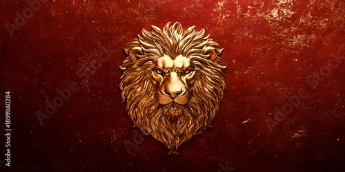 Wallpaper Mural Golden Lion Head Emblem on Red Textured Background Torontodigital.ca