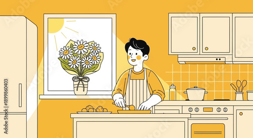 A cheerful young man prepares food with fresh flowers and sunshine in a sunlit kitchen, creating