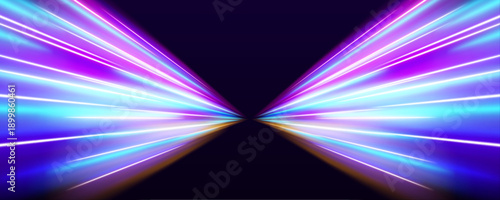 Vibrant neon arcs curve across a digital city backdrop. Glowing gradients and motion trails convey high-tech motion dynamics. Futuristic abstract.