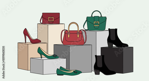 A collection of stylish women's fashion accessories including handbags, high heels, and boots displayed on various blocks.
