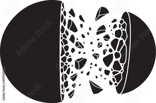 Black and white illustration of a broken sphere cracking
