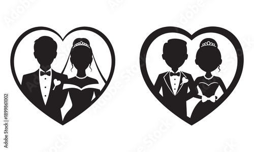 Elegant Bride and Groom Wedding Silhouette with Floral Roses Frame Vector