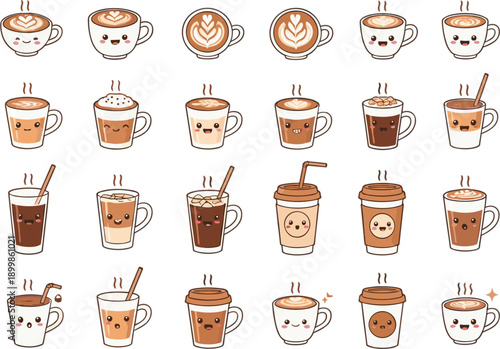 Cute coffee cup icons and smiling drink characters collection with latte cappuccino espresso flat vector illustration