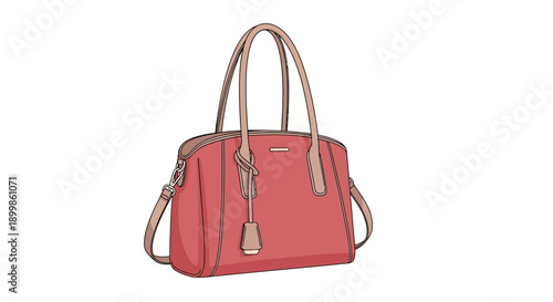 Stylish red handbag with tan straps and a decorative charm, perfect for everyday use or a professional setting.