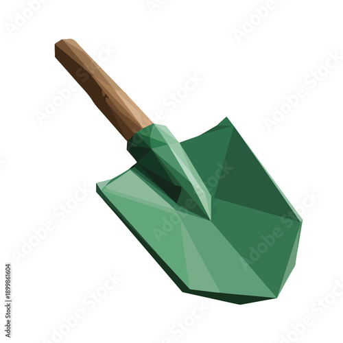 Green garden shovel with wooden handle, isolated on white background, low poly style