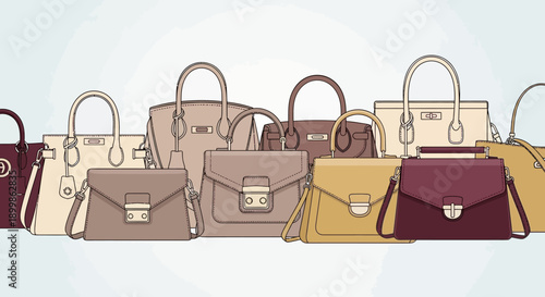 A horizontal lineup of various stylish handbags and purses in different sizes, shapes, and neutral colors like beige, brown, cream, and maroon.