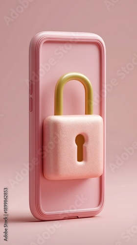 Cyber security 3D lock concept: Pink smartphone secured with a padlock, symbolizing digital privacy and data protection.