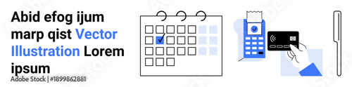 Digital payment systems, financial management, scheduling, planning, contactless payment, shopping. A calendar, card reader and hand holding a card are visible. Digital payment systems