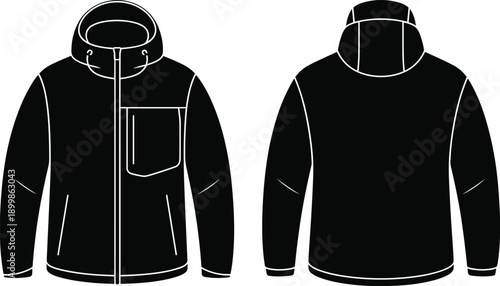 Professional hooded jacket vector technical sketch featuring front and back black silhouette views with zipper and pocket details for outdoor apparel design and branding.