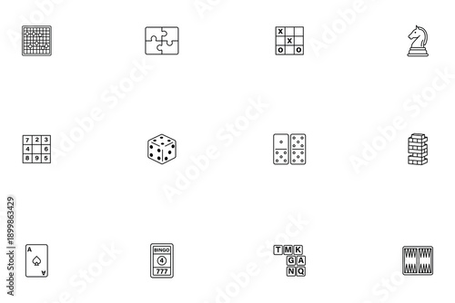 Board games and puzzles line icons set, collection of various tabletop games, logical puzzles and gaming symbols outline vector illustrations for leisure, entertainment and hobby design