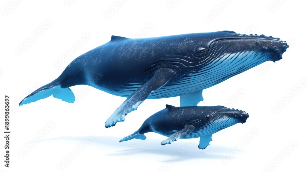 Fototapeta premium A majestic blue whale swims alongside its calf in the vast ocean waters viewed from a side perspective.