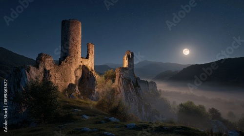 Wallpaper Mural Ancient, ruined castle on a rocky outcrop under a moonlit night sky, nestled in a misty valley Torontodigital.ca
