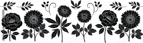 Professional collection of black flower silhouettes featuring detailed roses sunflowers and daisies with leafy stems isolated on white background for botanical nature graphic design.