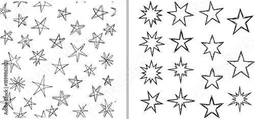 A large vector megaset of hand-drawn stars and bursts in black and grey line art, featuring sketchy textures, various line weights, and dynamic motion strokes on a clean white background.