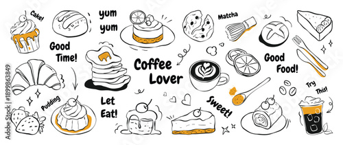 Coffee lover doodle vector illustration with latte, croissant, cake, donut, matcha whisk and dessert icons in black and white. Hand drawn cafe design for menus, packaging, stickers and prints.