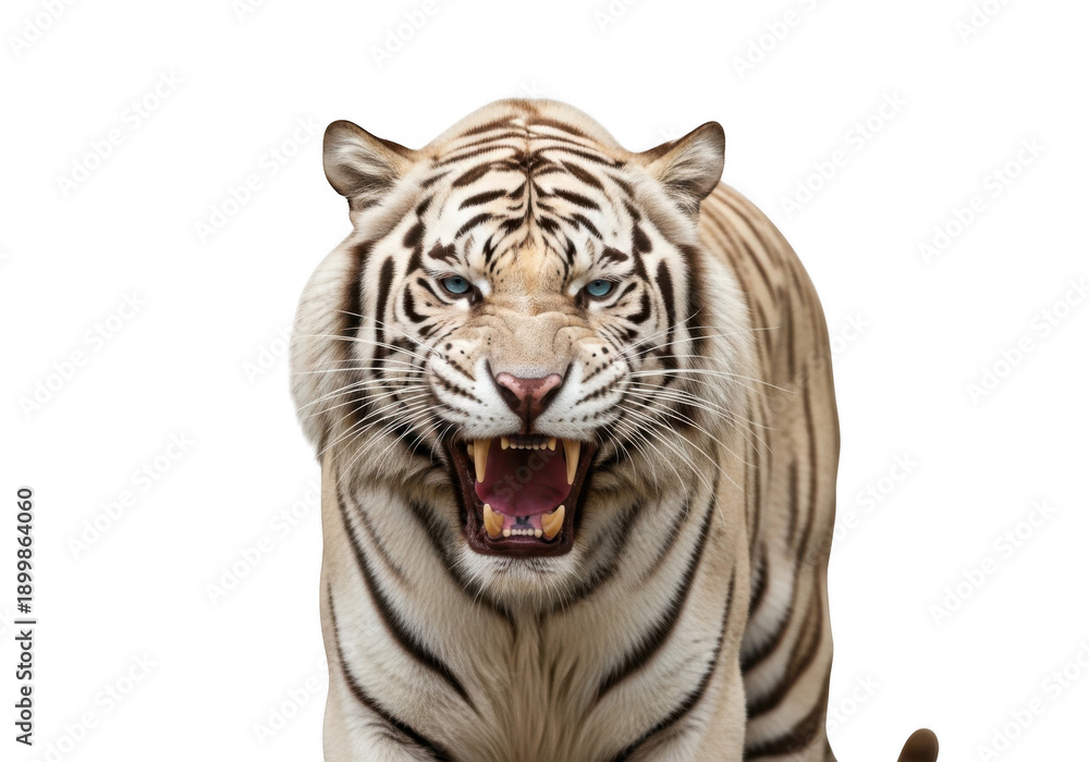 Obraz premium A fierce white tiger with black stripes standing and roaring with an open mouth showing its teeth and tongue, close-up shot, majestic animal wildlife photography, isolated on transparent background