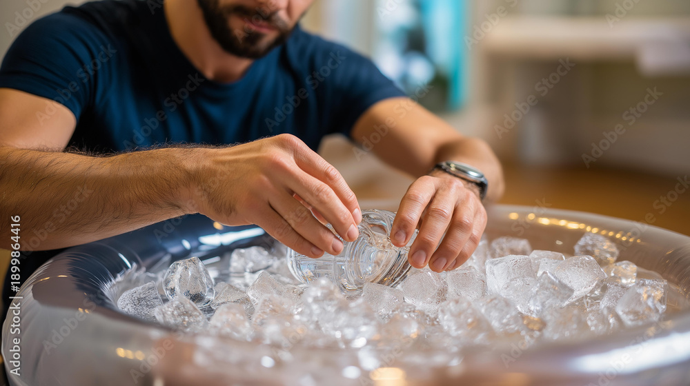 Fototapeta premium Faceless hands pouring ice cubes into inflatable tub for ice bathing, cold therapy Wim Hof Method practice, wellness meditation fitness recovery, with copy space