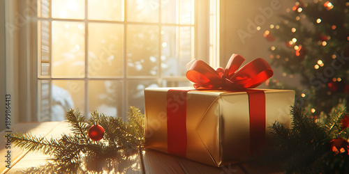 Wallpaper Mural Festive Gift Box with Red Ribbon in Warm Holiday Setting Torontodigital.ca