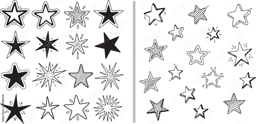 Fototapeta premium A dual-panel vector set of hand-drawn stars. The left shows black icons with solid, dotted, and outlined textures; the right features matching red stars in various artistic styles.