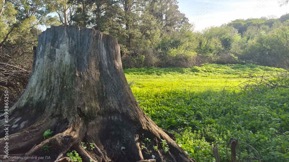 Fototapeta premium Close Up of Old Tree Trunk Roots in Lush Green Grassy Meadow